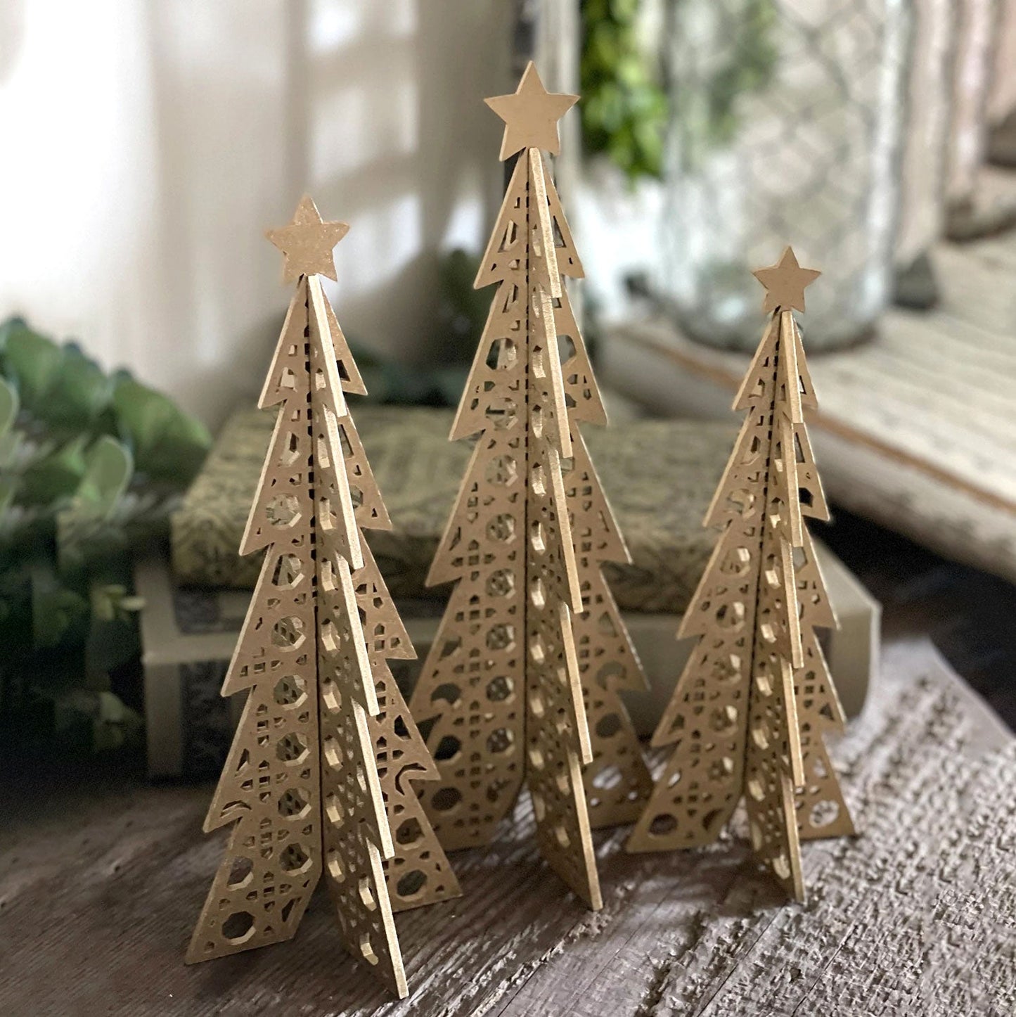 3D Rattan Cane Christmas Trees Shelf Sitters (Set of 3)