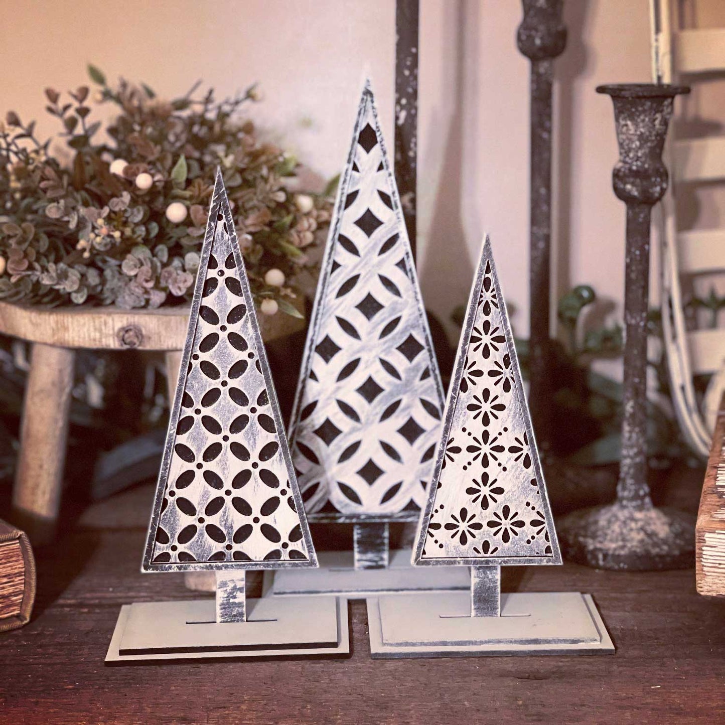 Farmhouse Style Christmas Tree Trio Shelf Sitters